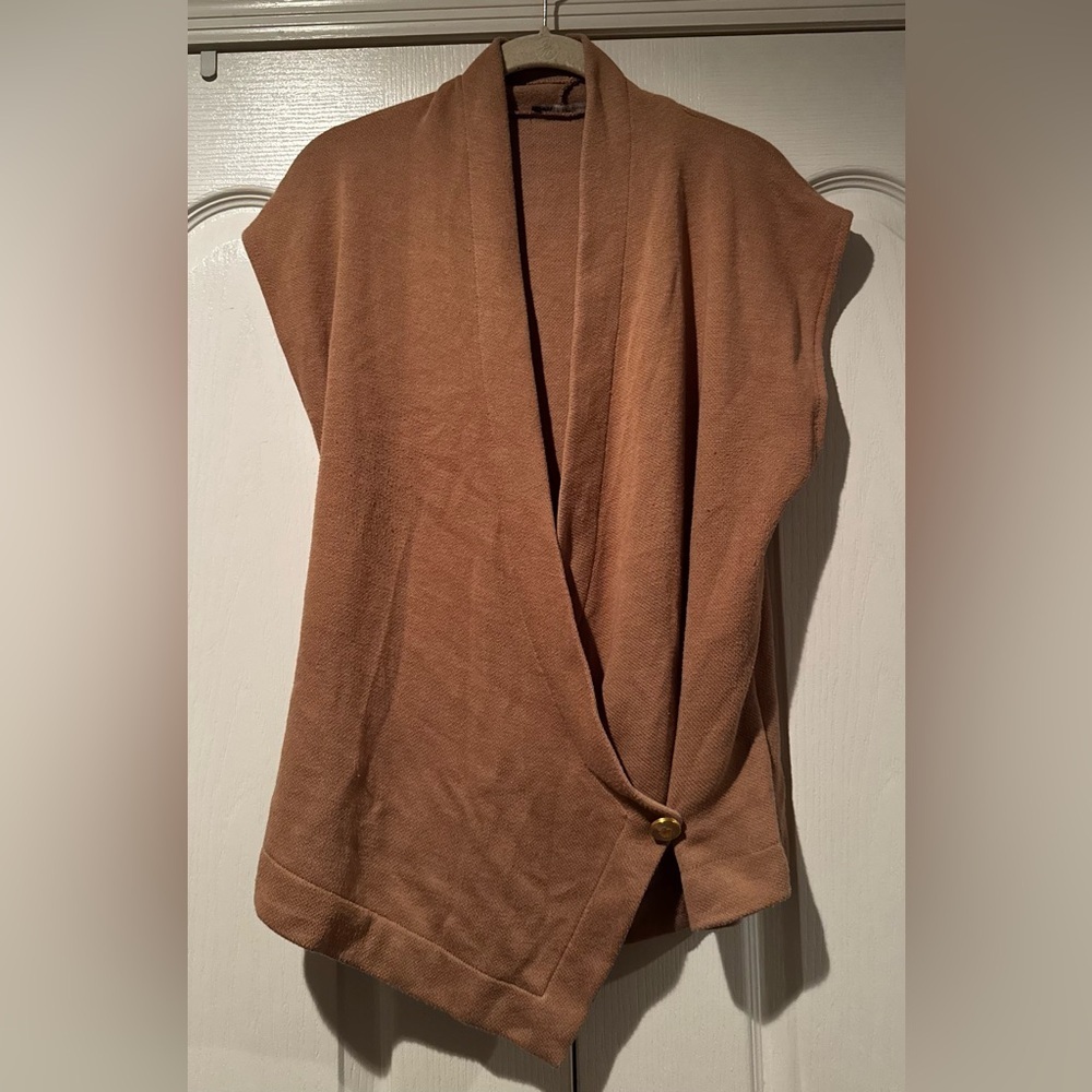 Zara Tan Sweater Vest with Cream and Gold Button Detail - Size M